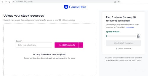 Course Hero Study Resources and Documents Upload Section