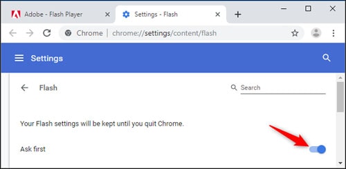 Adobe Flash Settings Screen - Chrome Browser