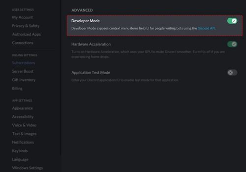 Discord Developer Mode Enabled