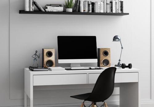 workstation with external speakers