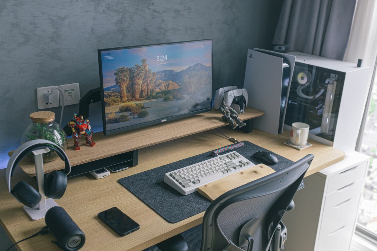 Desk with Electronics and Gaming Gears
