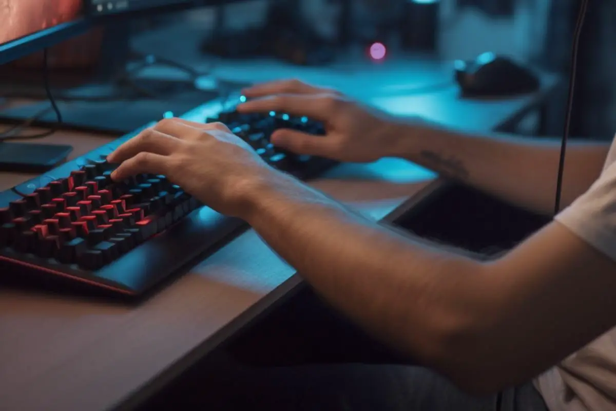 Male Hands Playing Live Game on Gaming Laptop
