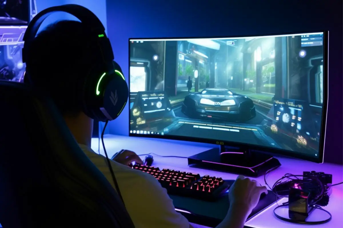 Player with Headphones Playing Online Live Game