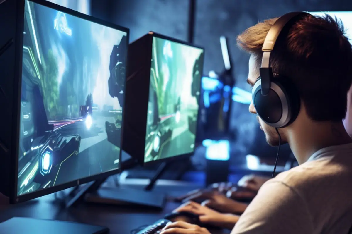 Young Man with Headsets Playing Live PC Games with Buddies