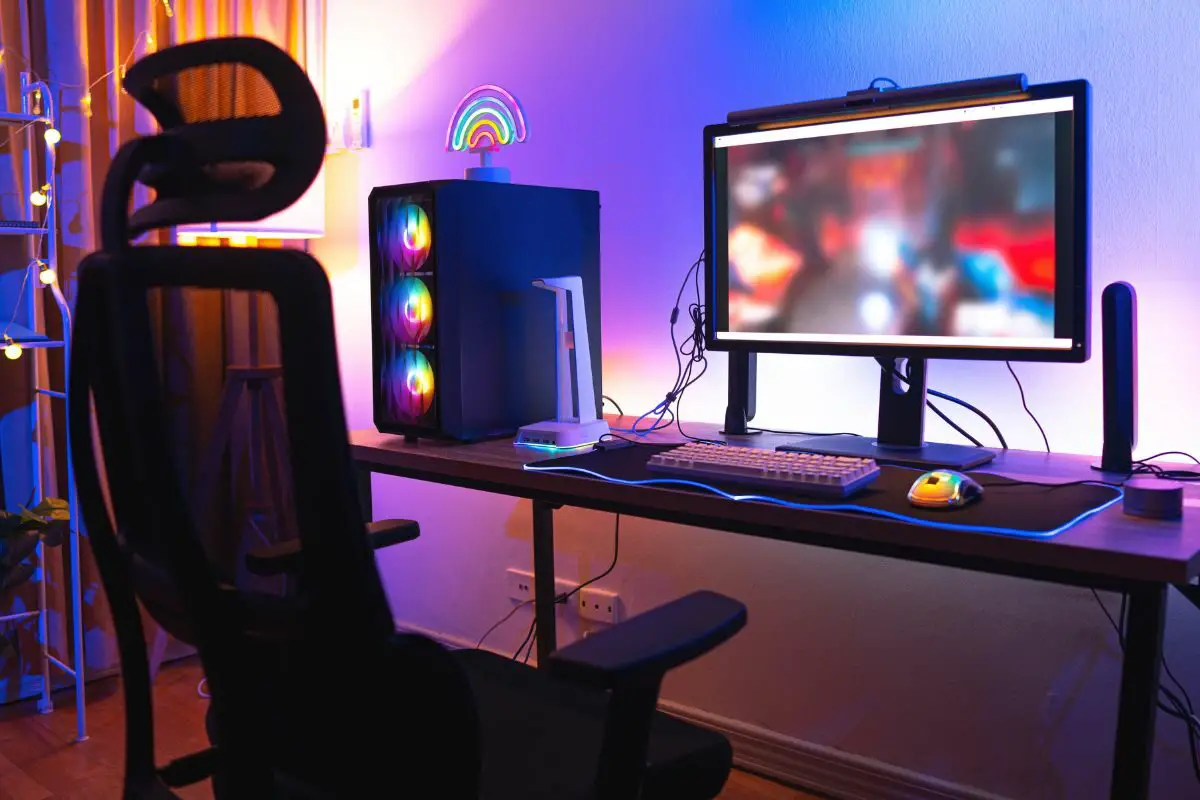 Interior of a Gamer Room Lit with Neon Lights