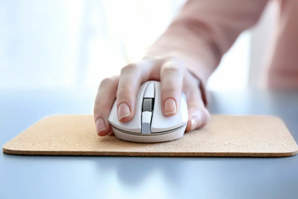 Woman Holding a Mouse Placed on Top of a Mat