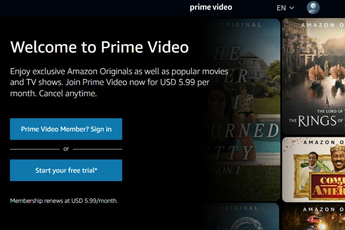 Welcome Screen of Prime Video