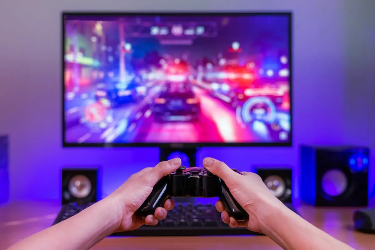 Woman Playing Video Game Using Joystick